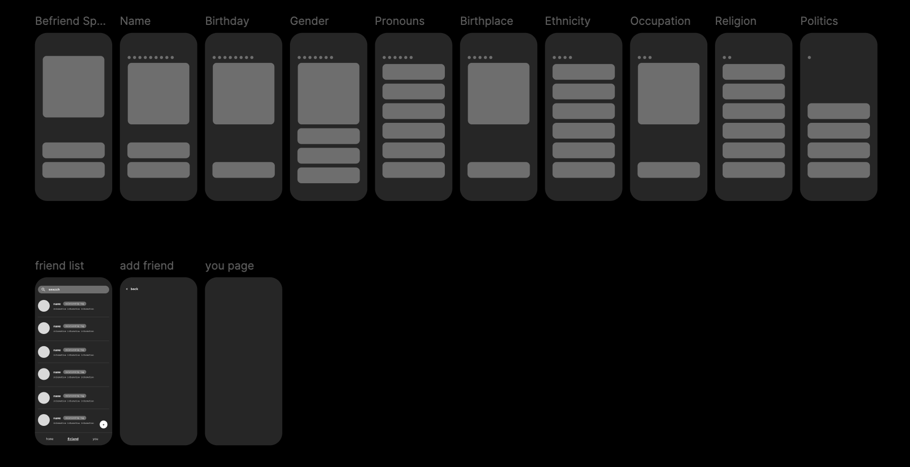 Early Befriend wireframe 1
