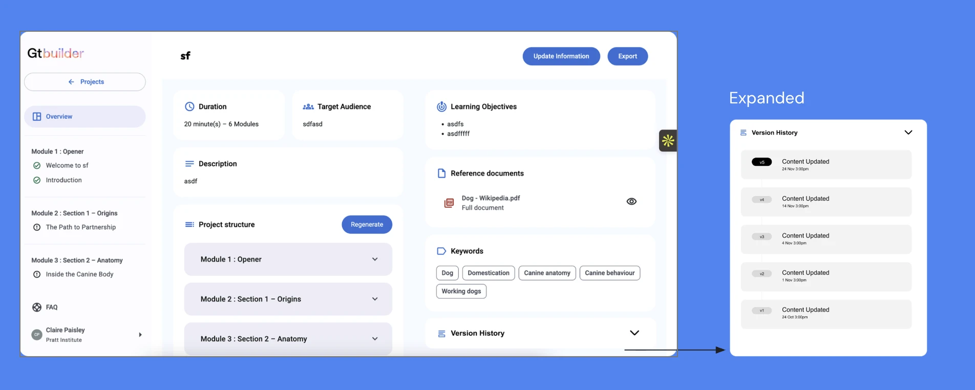 Version history feature mockup