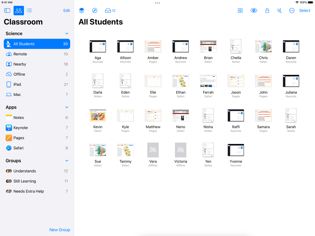 Public Classroom screen view showing students' active apps and device states