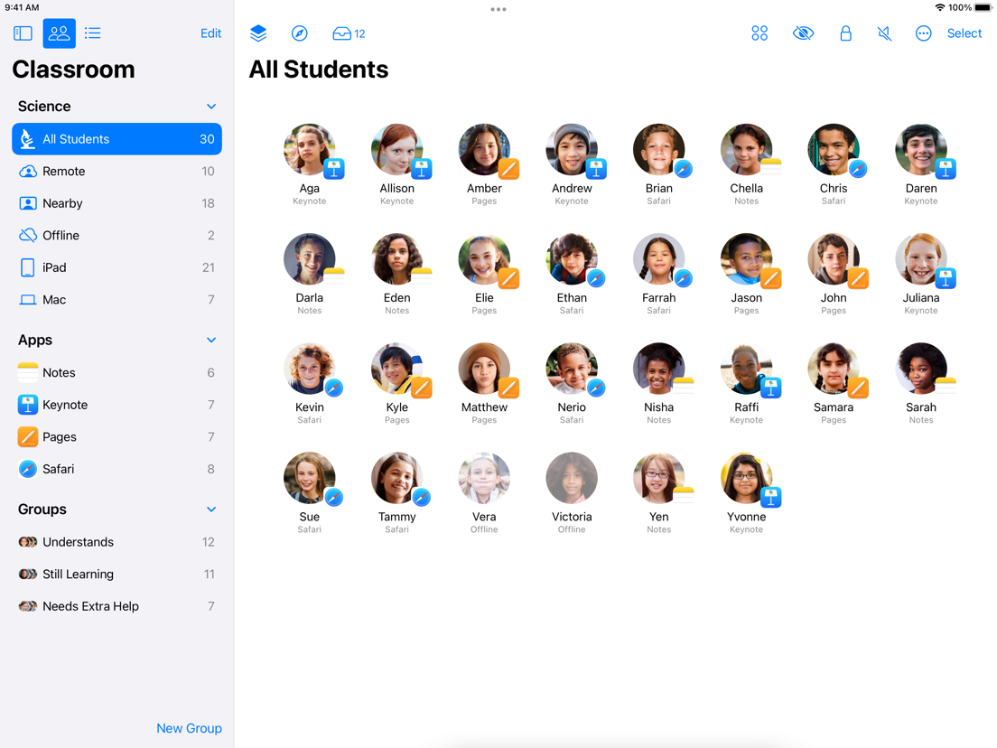 Public Classroom student overview showing groups, device states, and active apps