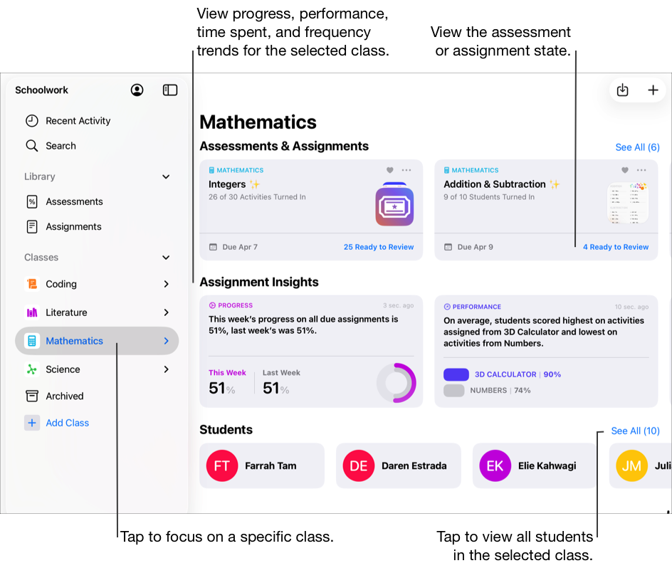 Public Schoolwork class view showing assignments, insights, and students