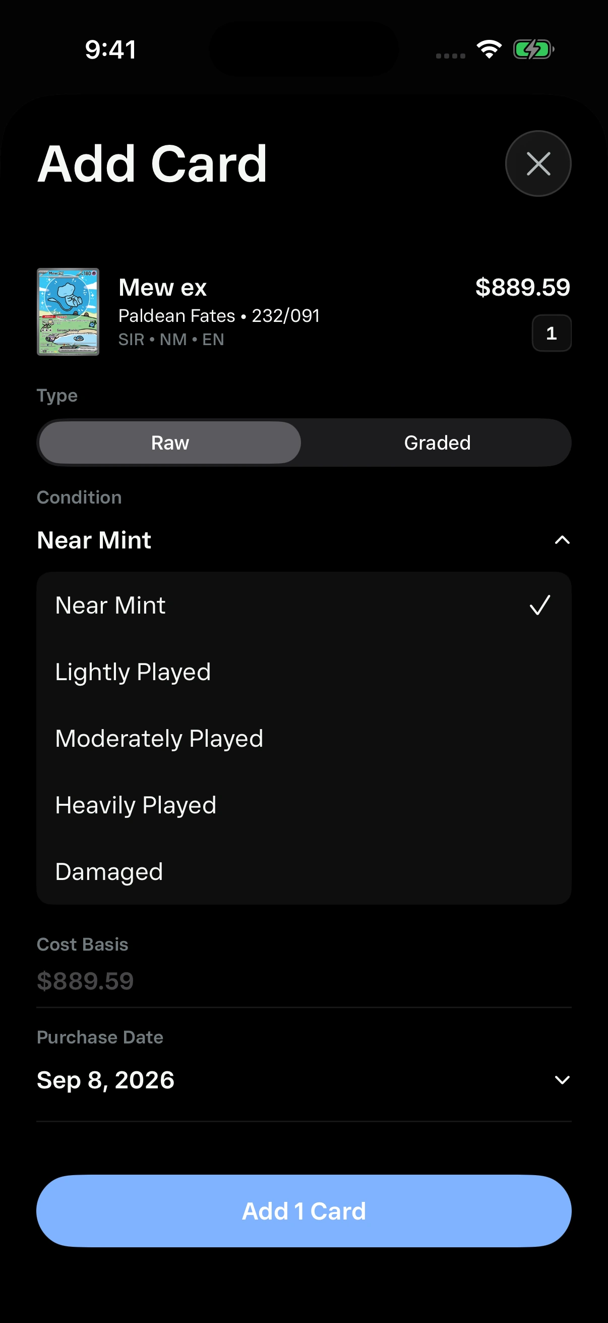 Add Card condition dropdown