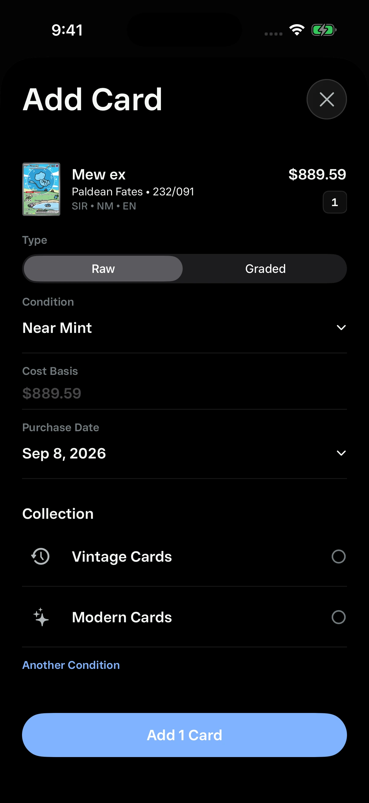 Kinra Add Card screen for Mew ex