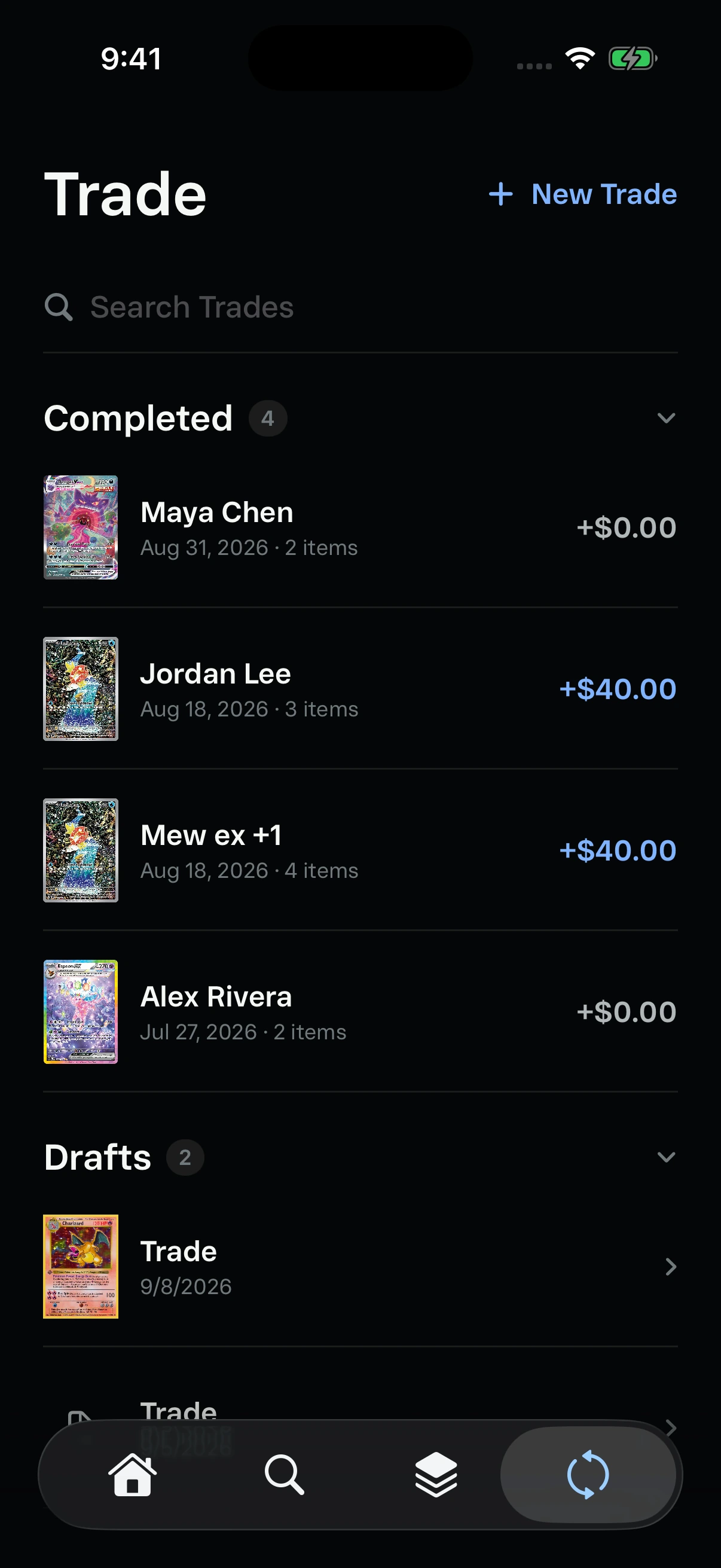 Updated Kinra Trade overview with completed trades and drafts