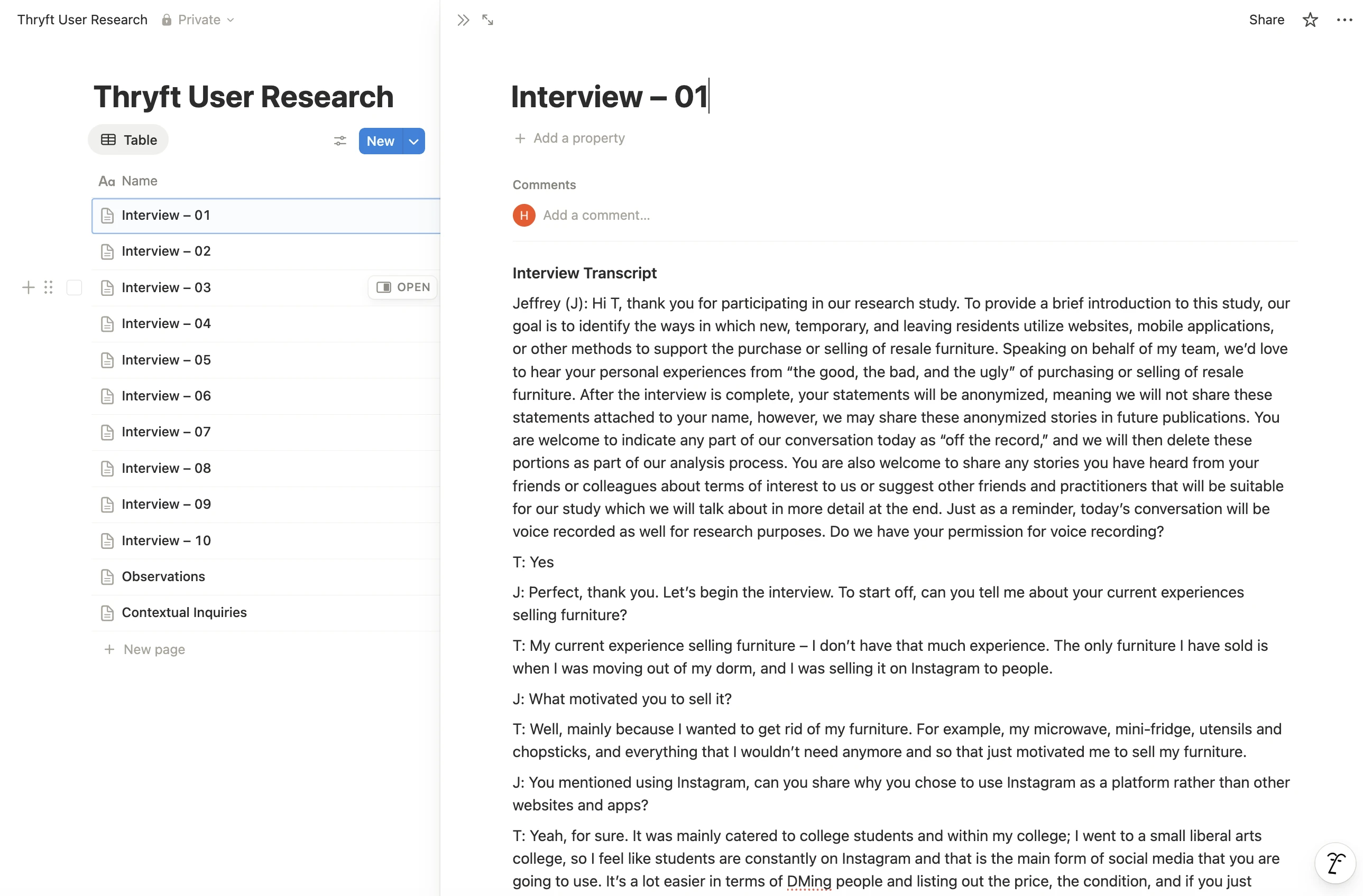 User interview notes and observations